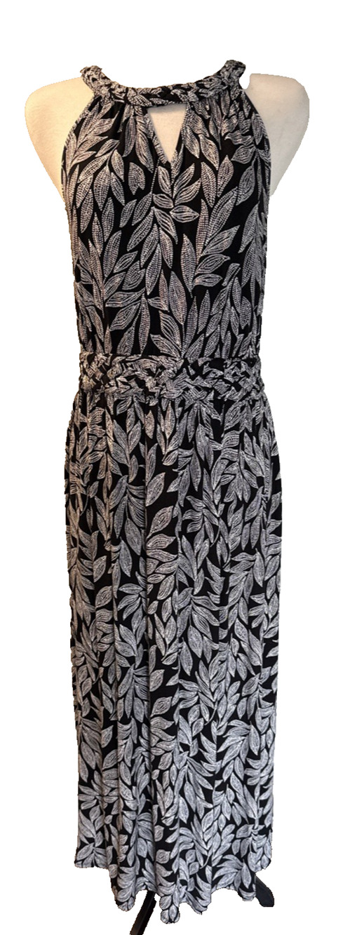 Berkley Jensen Palm Print Halter Maxi Dress Black Braided Women’s L NWOT